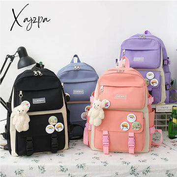 Xajzpa - Women Laptop Backpack 4 Pcs Set Harajuku Canvas School Bags For Teenage Girls Kawaii